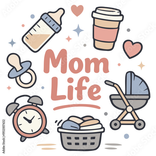 Cute and colorful mom life illustration with baby essentials and parenting icons around text