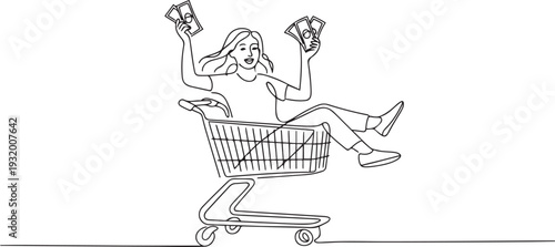 In Shopping Cart Transport Carry Boy Woman Black Line Pencil Drawing Vector. Young Woman Holding Money And Riding In Shopping Cart. one line art icon drawing vector
