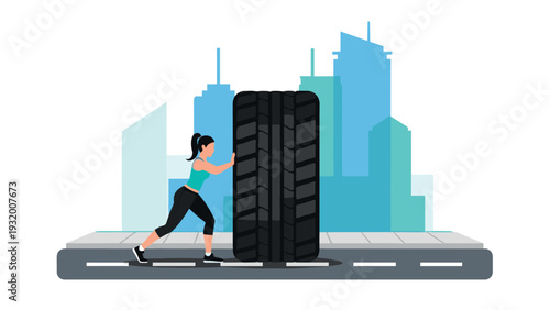 Woman pushing tire in urban setting with modern cityscape background