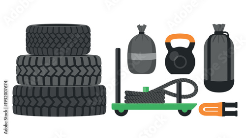 Flat gym equipment illustration with tires and kettlebell for functional training