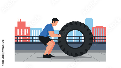 Urban fitness: man exercising with tire in cityscape setting