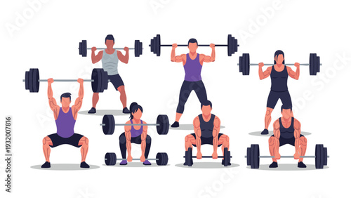 Group crossfit training with diverse athletes in flat design