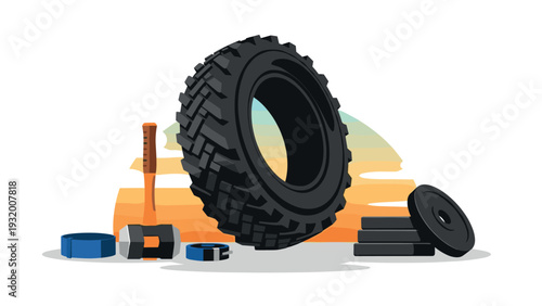 Off-road tire and repair tools: adventure gear with sledgehammer and spare parts