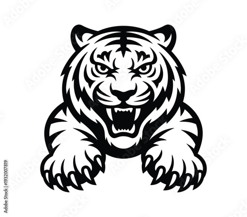 Raging tiger head shows bared teeth and claws.