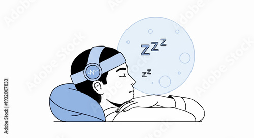 Person sleeping peacefully with headphones on under the moon.