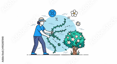 Person tending to a DNA strand near a blooming tree.