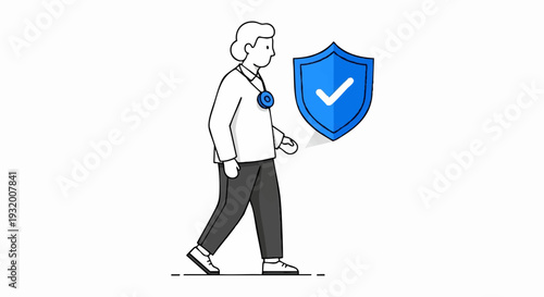 Person walking with a shield and checkmark symbol.