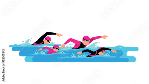 Team of swimmers competing in a colorful flat style race