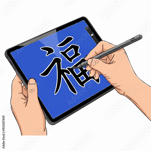 Person using stylus to draw Chinese character on tablet screen.
