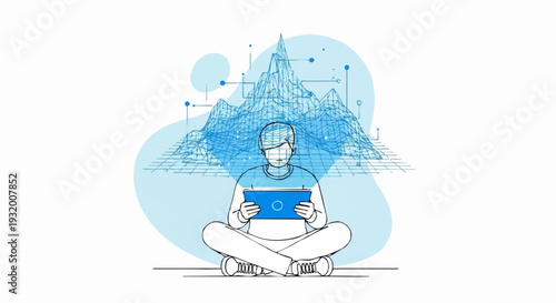 Person wearing VR headset interacting with digital data visualization 1.