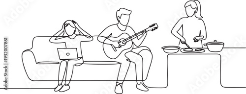 Girl Sitting On Sofa With Laptop And Cover Ears Because Boy Playing On Guitar, Lady Prepare Dish, Roommate Problem. one line art icon drawing vector