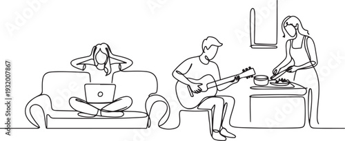 Girl Sitting On Sofa With Laptop And Cover Ears Because Boy Playing On Guitar, Lady Prepare Dish, Roommate Problem. one line art icon drawing vector