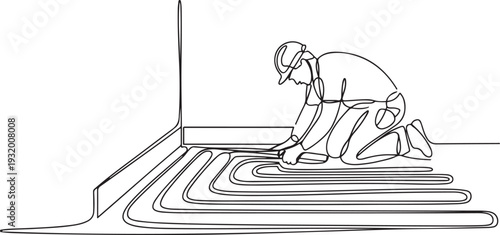 Floor Heating Equipment Installation Underfloor Man Builder. Character Man Worker Install Thermal Pipeline Illustration. one line art icon drawing vector