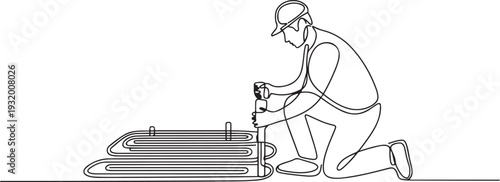 Floor Heating Equipment Installation Underfloor Man Builder. Character Man Worker Install Thermal Pipeline Illustration. one line art icon drawing vector