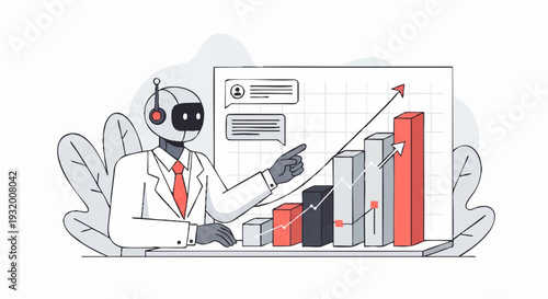 Robot analyzing business growth chart with data visualization.