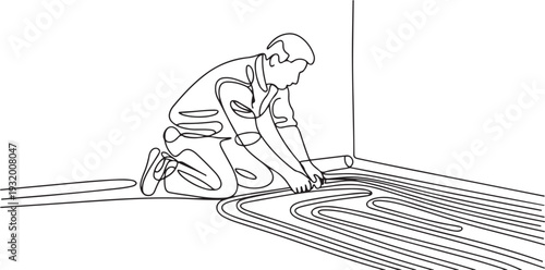 Floor Heating Equipment Installation Underfloor Man Builder. Character Man Worker Install Thermal Pipeline Illustration. one line art icon drawing vector