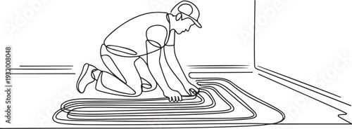 Floor Heating Equipment Installation Underfloor Man Builder. Character Man Worker Install Thermal Pipeline Illustration. one line art icon drawing vector