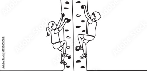 Schoolgirl And Schoolboy Kids Climbing Wall In Sport Center Attraction. one line art icon drawing vector