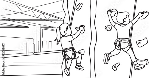 Schoolgirl And Schoolboy Kids Climbing Wall In Sport Center Attraction. one line art icon drawing vector