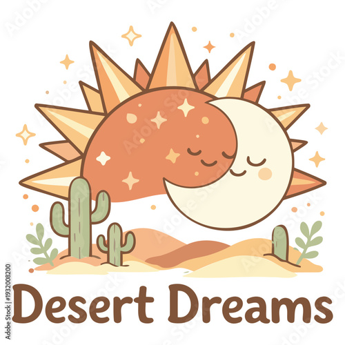 Cute cartoon illustration of a smiling sun and moon together with cacti in a desert landscape scene