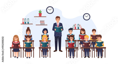 Illustration of a diverse group of children and a teacher reading books on Read Across America Day in a classroom setting with a design icon style.