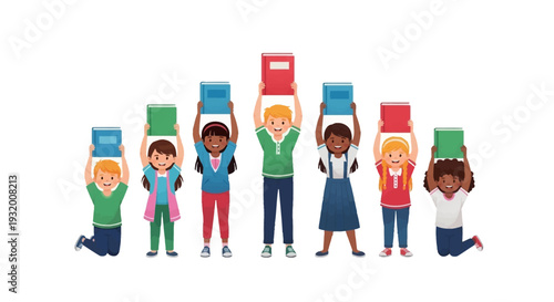 Illustration of diverse children and adults holding up books in celebration of Read Across America Day with a colorful design.