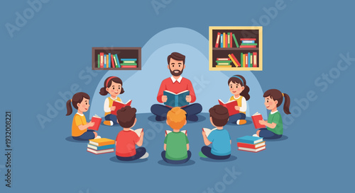 Illustration of children and a teacher sitting in a circle reading books on Read Across America Day with a colorful design.