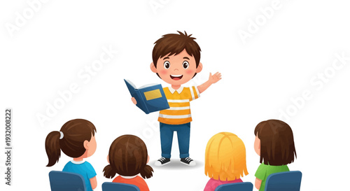 A young boy reads a book to three children sitting in chairs on Read Across America Day with a colorful illustration style.