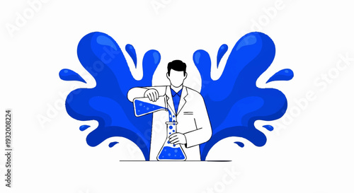 Scientist pouring liquid into flask in laboratory setting.