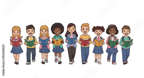 Illustration of diverse children and adults holding books on Read Across America Day with a colorful design, promoting reading and literacy in a joyful and inclusive event.