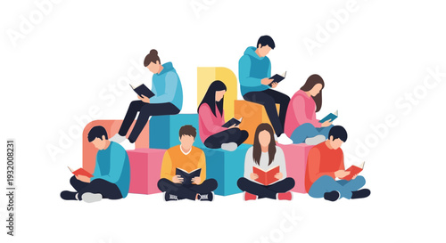 Illustration of diverse people reading books and using tablets on colorful blocks, celebrating Read Across America Day with a joyful and educational mood.