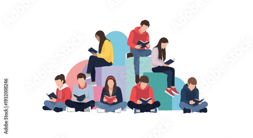 Illustration of diverse group of children and adults reading books on colorful blocks, celebrating Read Across America Day with a joyful design.