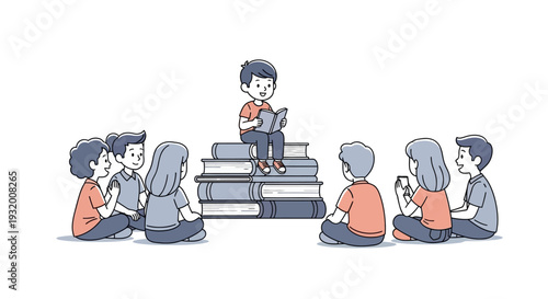 Illustration of children sitting in a circle around a boy reading on steps made of books, promoting Read Across America Day with a colorful and educational design.