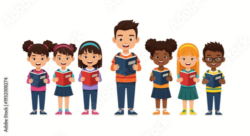 Illustration of diverse children and a young adult celebrating Read Across America Day with books and a joyful design on a white background.