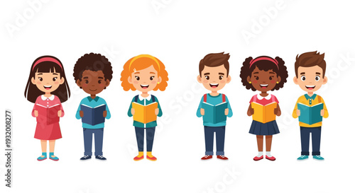 Illustration of diverse children standing together on Read Across America Day with books, conveying a joyful and educational event with a colorful design.