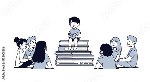Illustration of diverse group of children sitting around a large stack of books on Read Across America Day with a simple, iconic design.