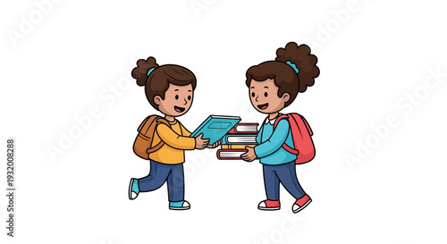 Illustration of two children exchanging books on Read Across America Day with colorful backpacks and a joyful atmosphere.