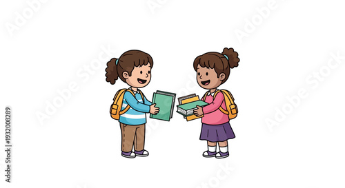 Illustration of two young girls exchanging books on Read Across America Day with colorful backpacks and happy expressions against a clean white background.