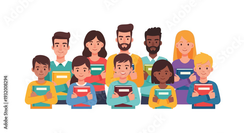 Illustration of diverse people of various ages and genders reading books on Read Across America Day with a colorful design.