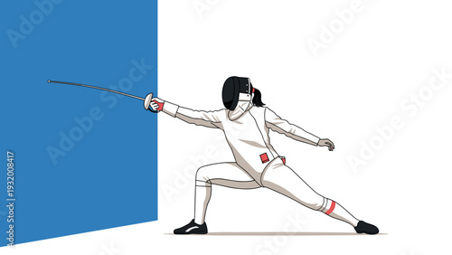 Dynamic fencer in action pose against blue background