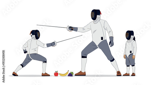 Fencing lesson with children and fruit display - sport and nutrition concept