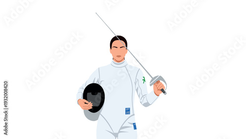 Fencing athlete in white uniform holding sword and mask