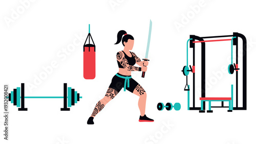 Tattooed woman practicing sword fighting in gym with fitness equipment icons