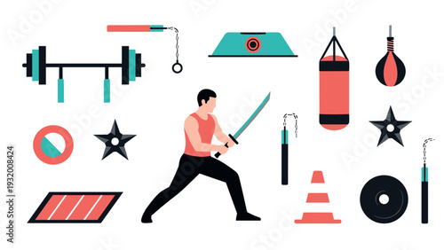 Martial arts training elements with karate fighter and equipment icons