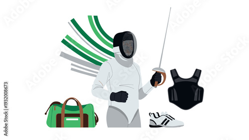 Modern fencer with equipment: dynamic sports gear composition