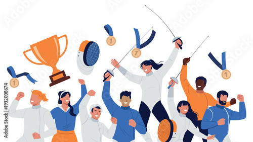 Celebrating team victory in fencing competition with trophies and medals