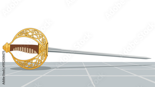 Elegant sword with ornate golden hilt on grey background