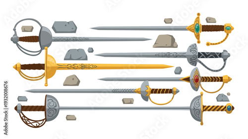 Medieval swords collection with golden and silver blades on rocky background