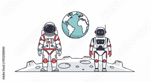 Two astronauts standing on the moon with Earth in the background.