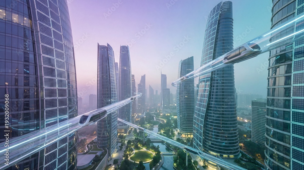 Obraz premium Smart City Architecture at Sunset with Digital Integration